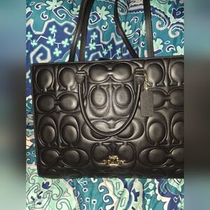 Black Coach Embossed Leather Tote Bag